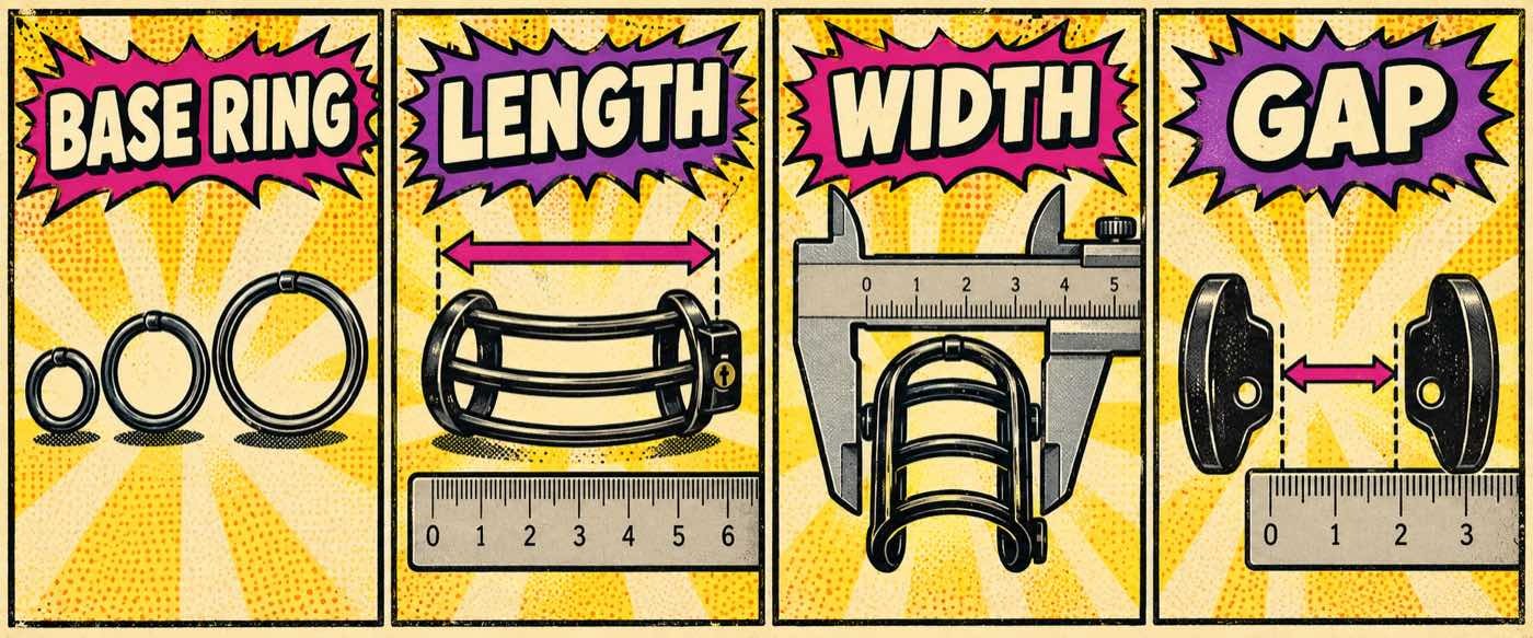 Four chastity cage measurements: base ring, cage length, cage width and ball gap