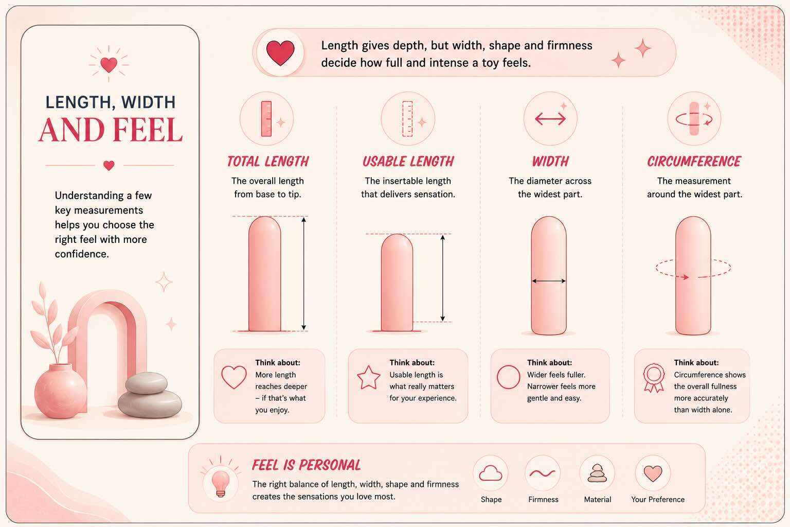 Adult wellness measurement infographic showing total length, usable length, width and circumference with abstract shapes