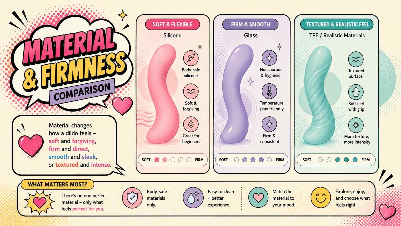 Dildo material comparison showing silicone, glass and realistic dildo textures.