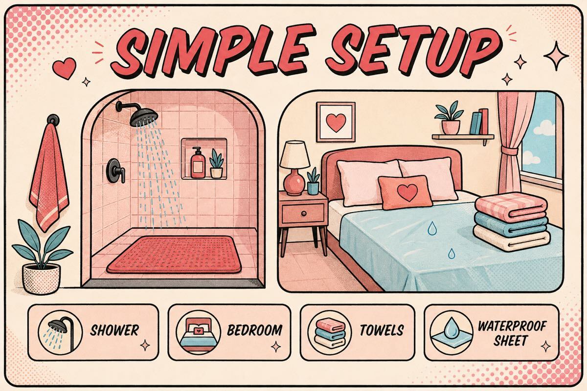 First-time piss play setup for a shower or protected bedroom