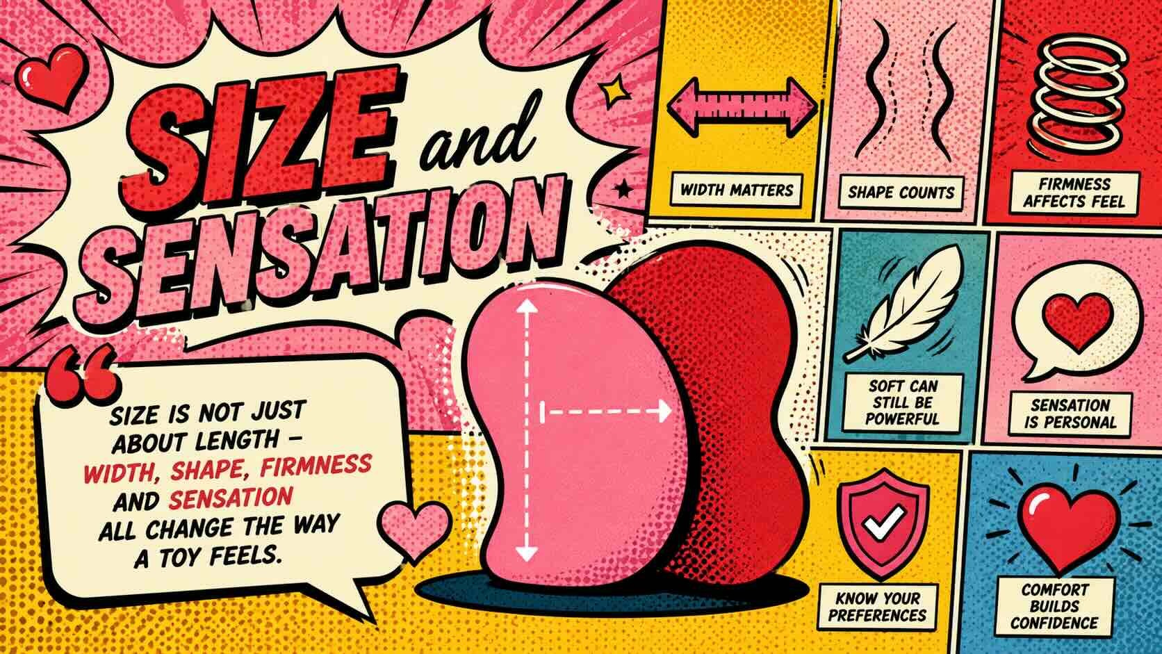 Adult wellness size guide illustration with abstract shapes, measurement lines and soft texture details